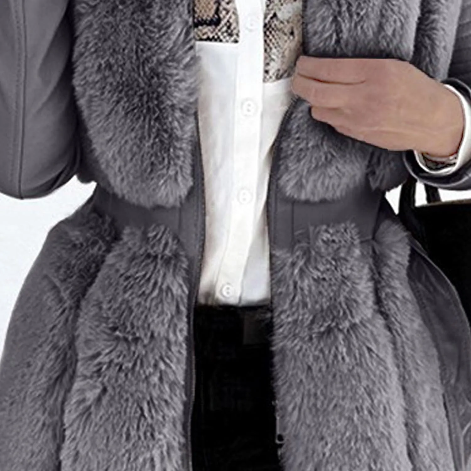 Women's Winter Warm Ruffled Hooded Coat Waist Faux Leather Trench Hood Coat Length Thick Faux Lamb Jacket Coat
