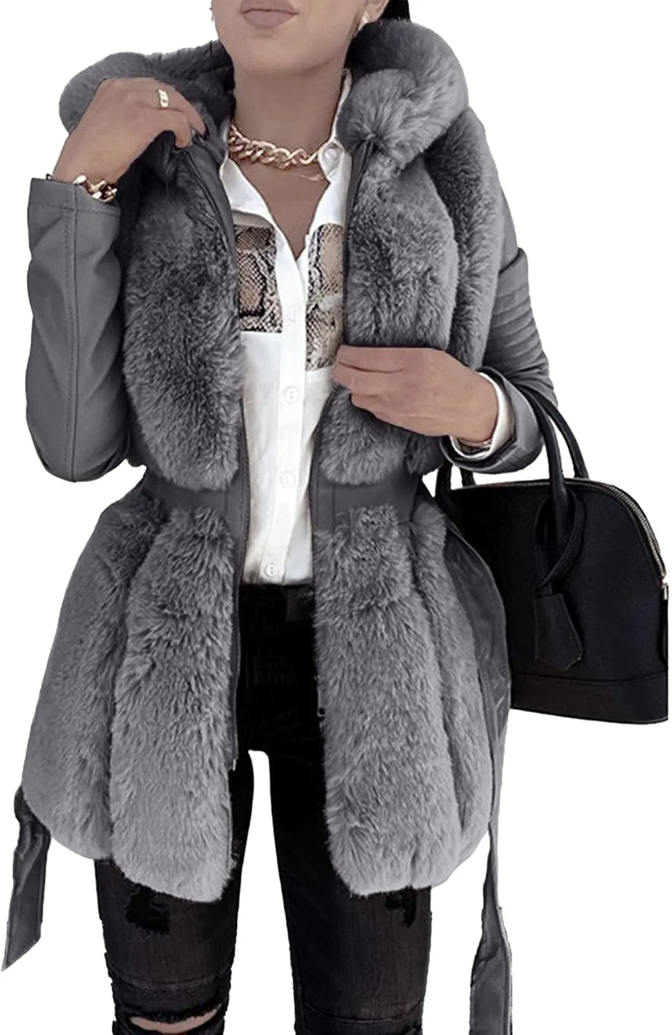 Women's Winter Warm Ruffled Hooded Coat Waist Faux Leather Trench Hood Coat Length Thick Faux Lamb Jacket Coat