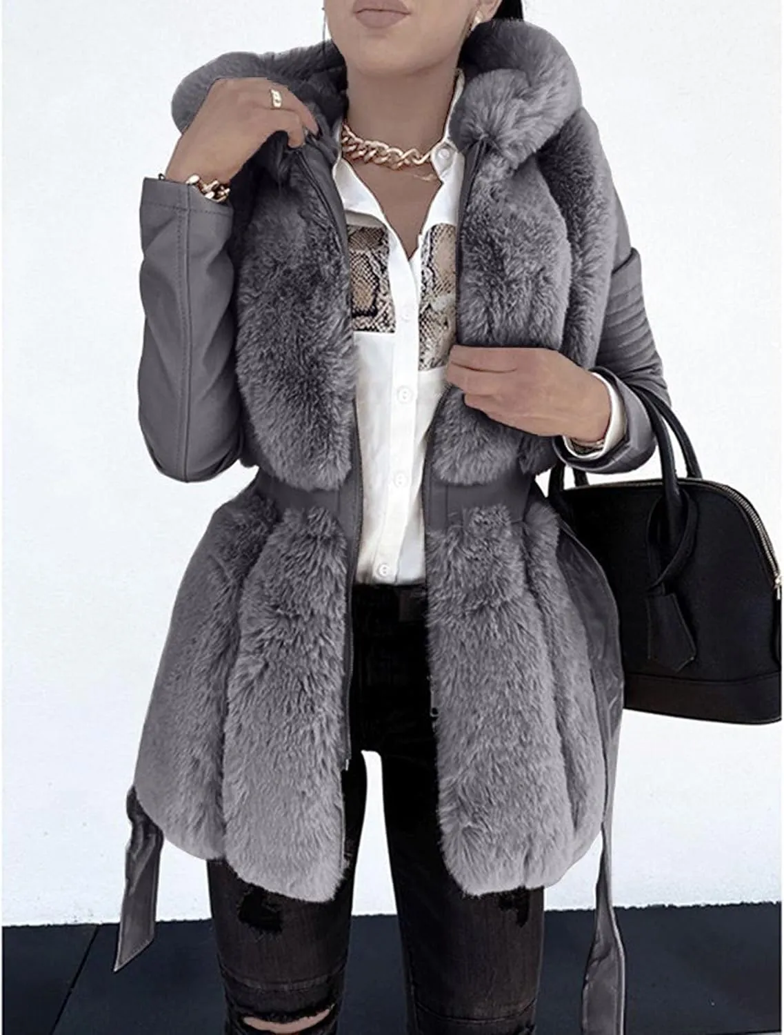 Women's Winter Warm Ruffled Hooded Coat Waist Faux Leather Trench Hood Coat Length Thick Faux Lamb Jacket Coat