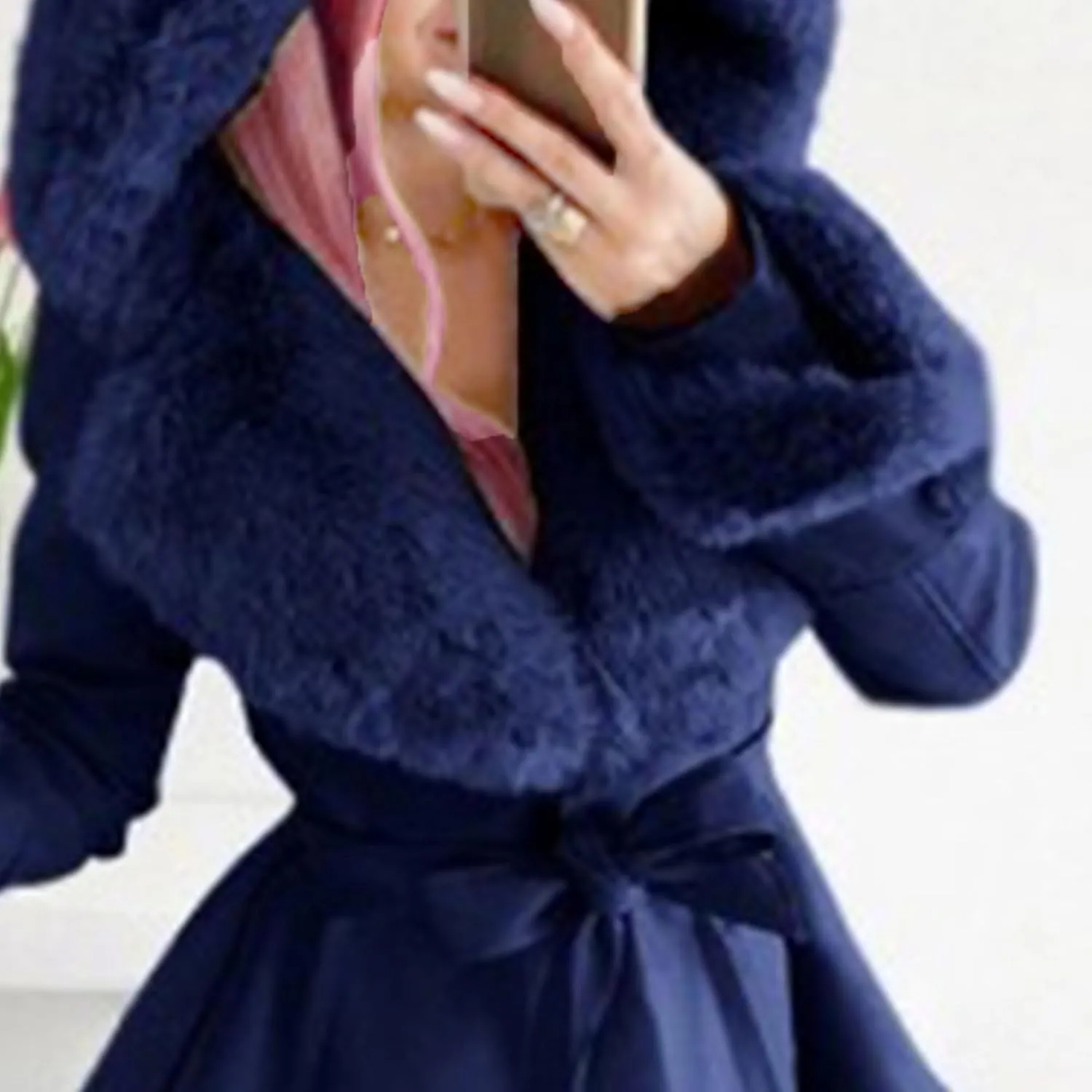 Women's Winter Warm Ruffled Hooded Coat Waist Faux Leather Trench Hood Coat Length Thick Faux Lamb Jacket Coat