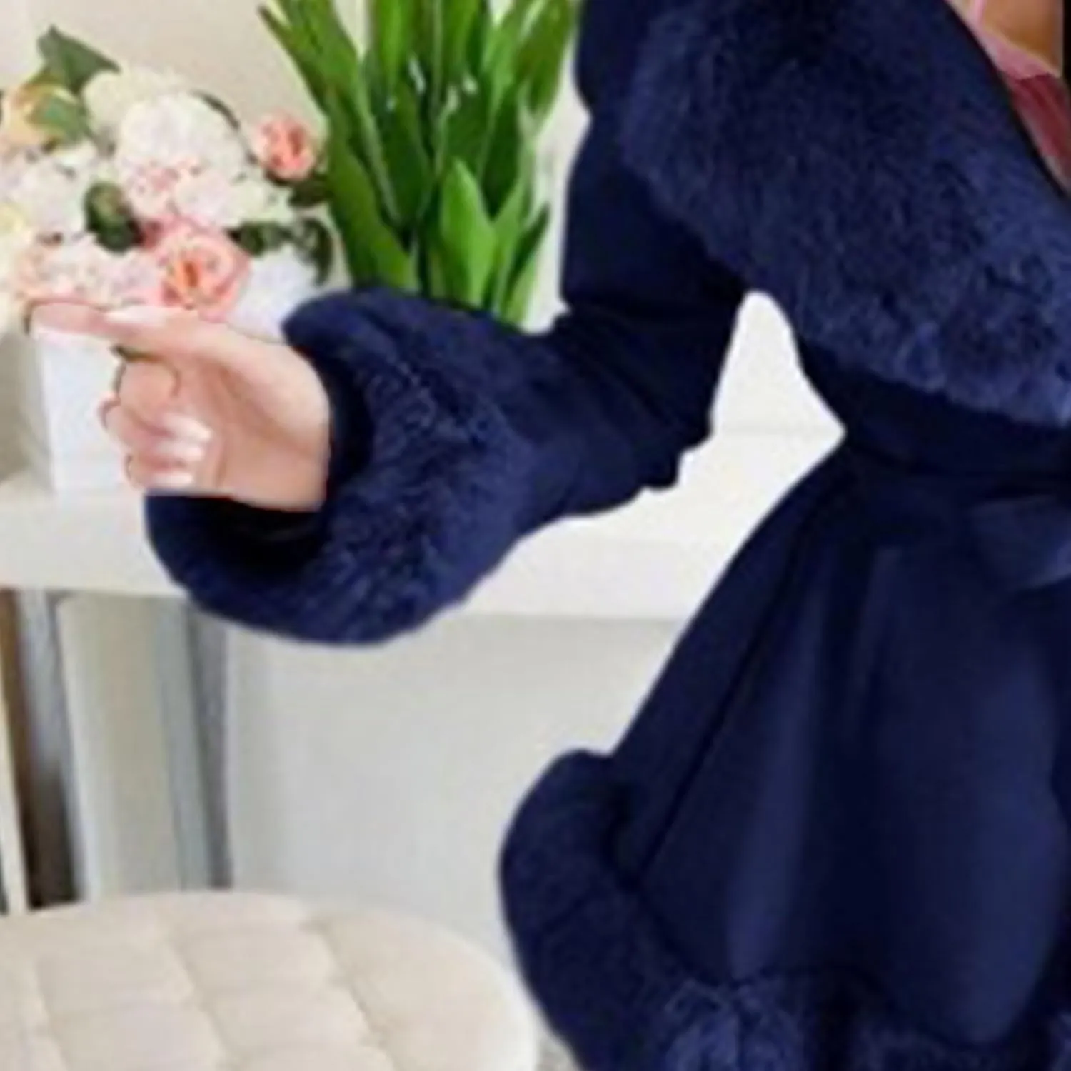Women's Winter Warm Ruffled Hooded Coat Waist Faux Leather Trench Hood Coat Length Thick Faux Lamb Jacket Coat