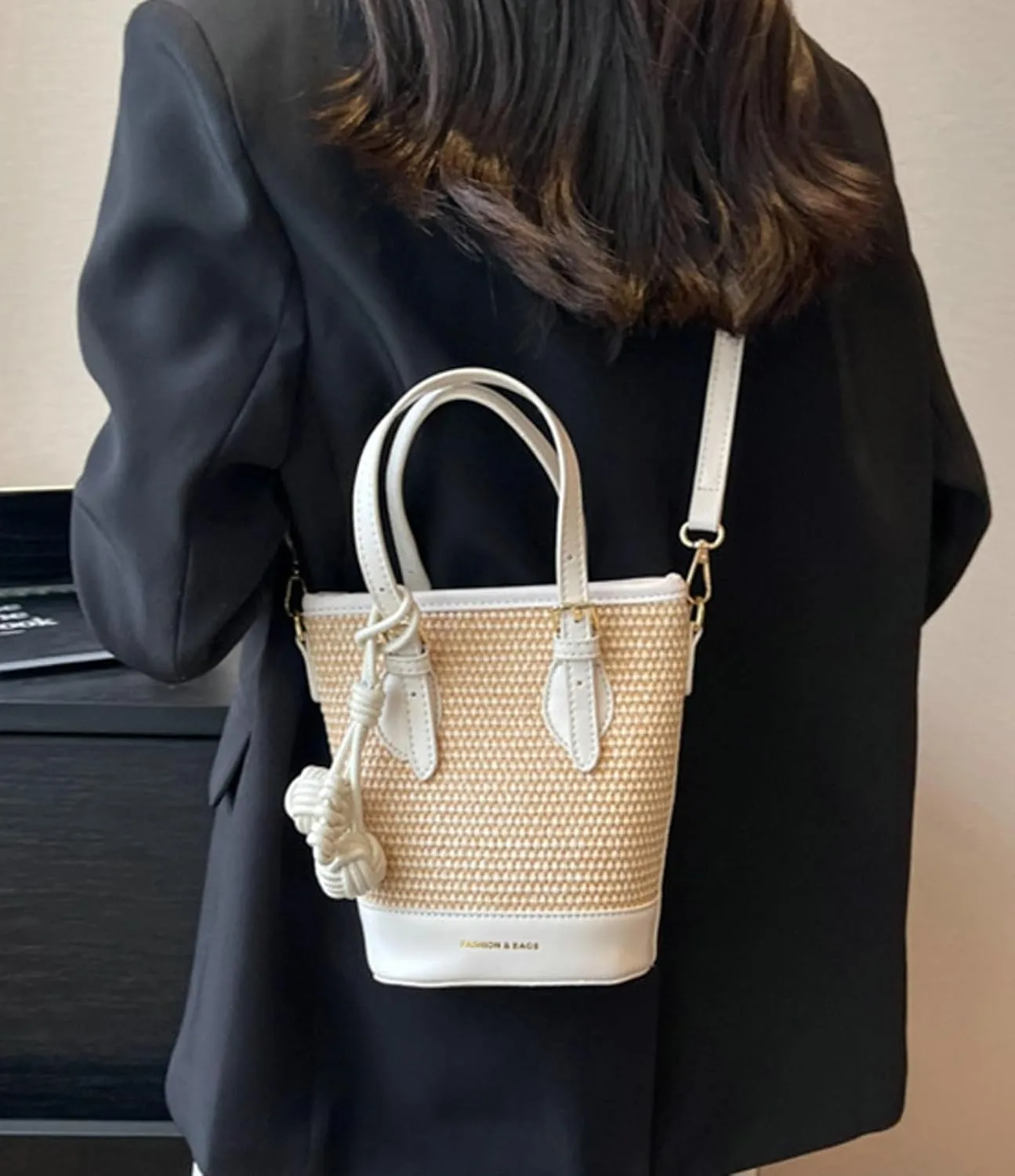 Woven Color Block Retro Straw Bucket Bag Women Small Cross Body Bag Vacation Beach Casual Tote Bag