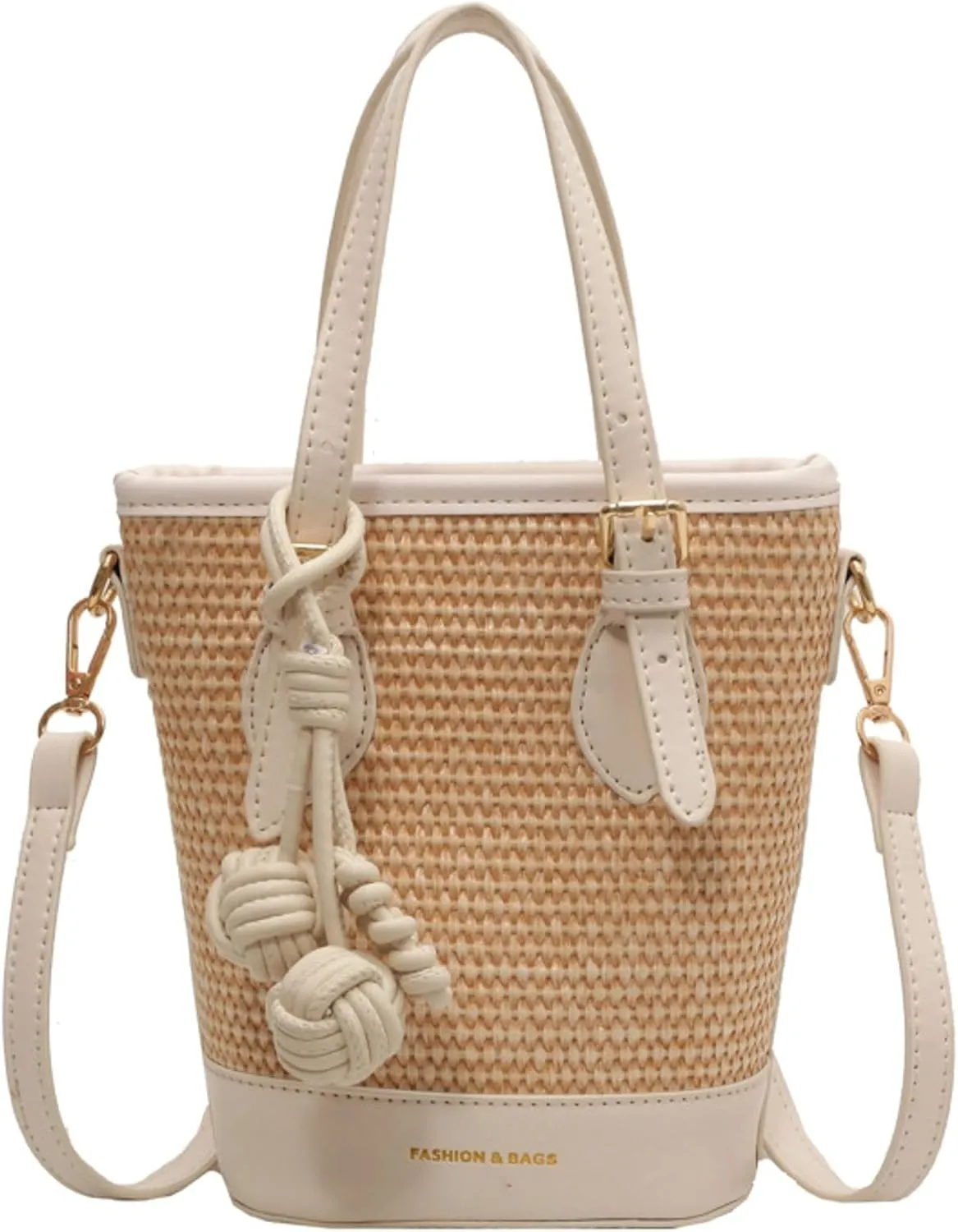 Woven Color Block Retro Straw Bucket Bag Women Small Cross Body Bag Vacation Beach Casual Tote Bag