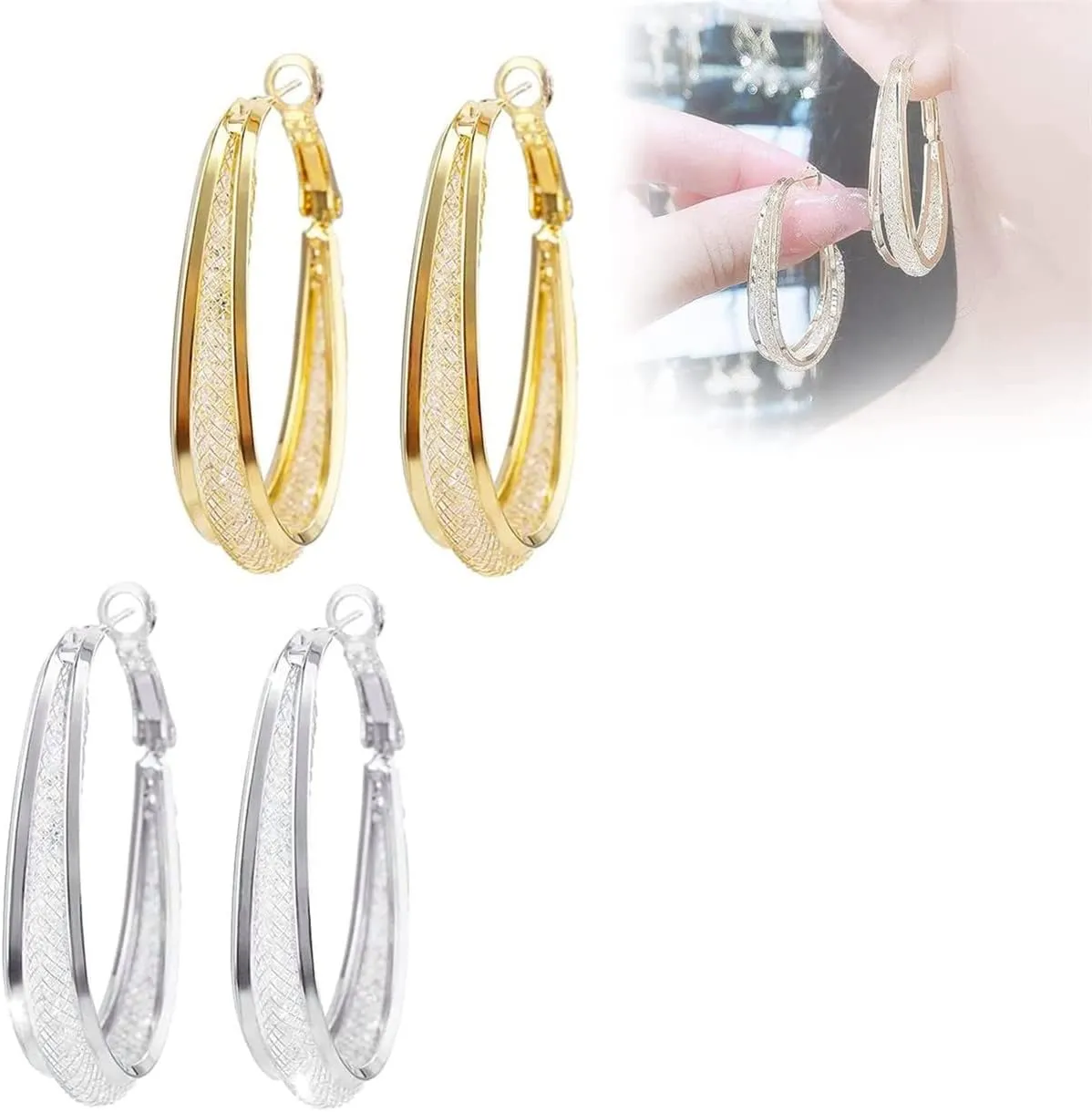 Woven Mesh Oval Earrings, Mesh Oval Shiny Earrings Silver, Silver Needle-Woven mesh Oval Earrings for women