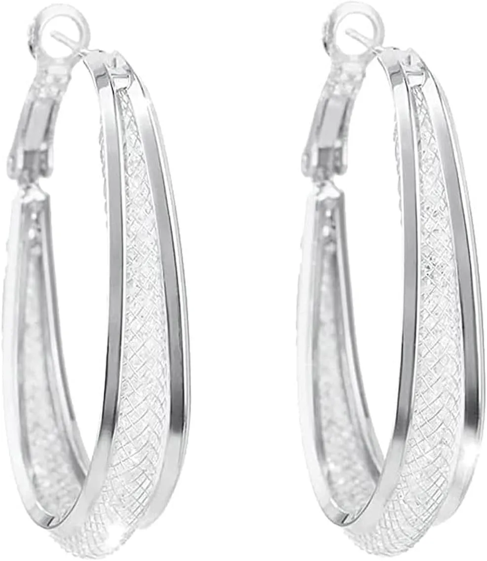 Woven Mesh Oval Earrings, Mesh Oval Shiny Earrings Silver, Silver Needle-Woven mesh Oval Earrings for women