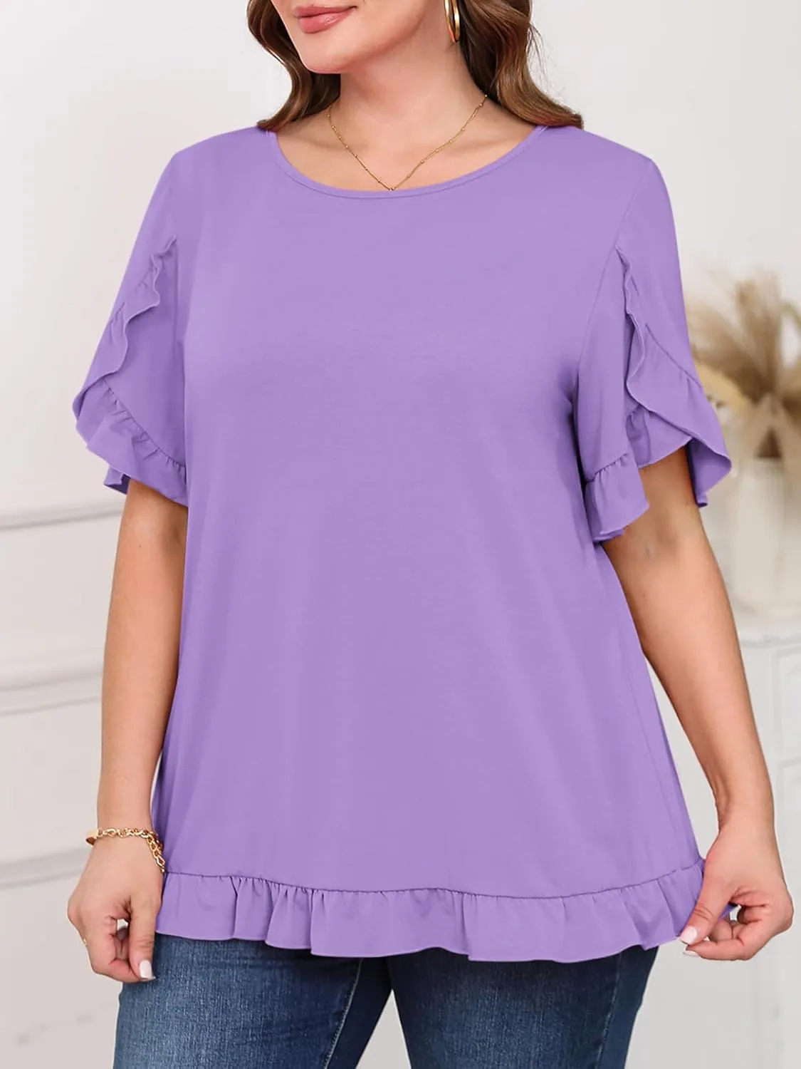 Yousify Womens Plus Size Tops Summer Petal Ruffle Sleeve Flowy Shirts Casual Work Loose Fit Tunic Blouses