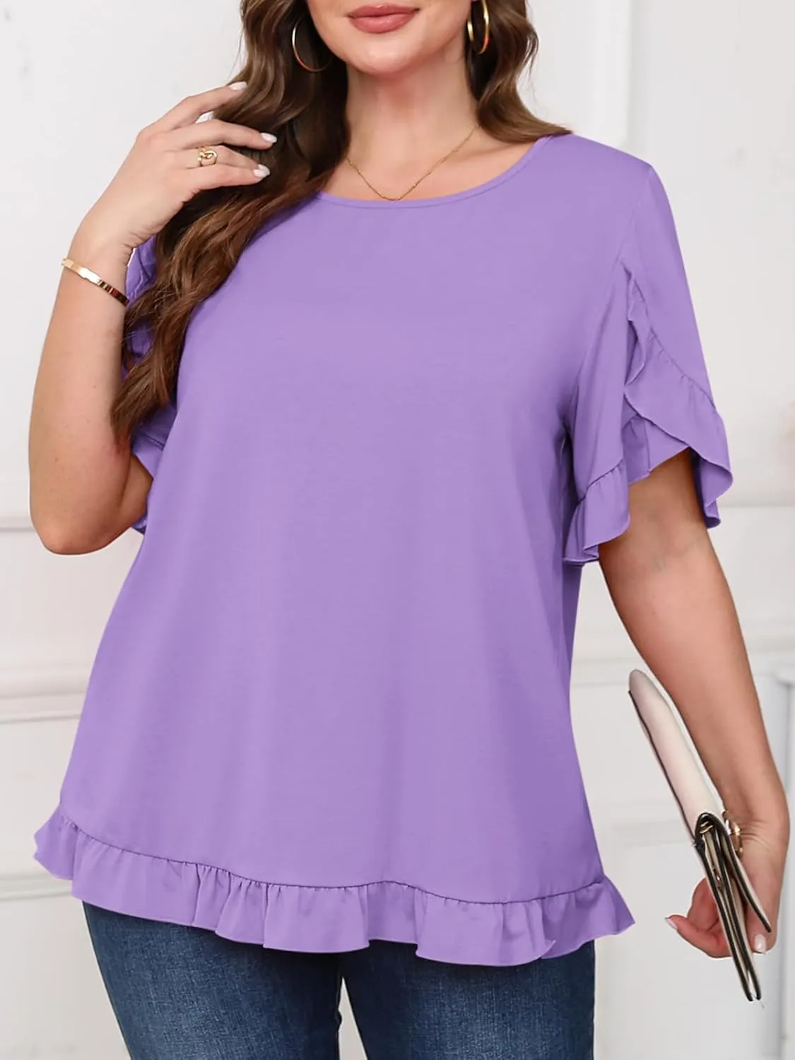 Yousify Womens Plus Size Tops Summer Petal Ruffle Sleeve Flowy Shirts Casual Work Loose Fit Tunic Blouses
