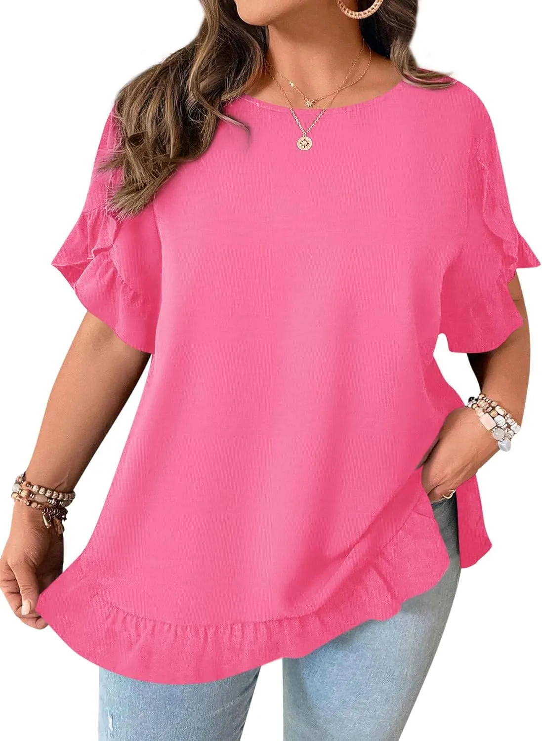 Yousify Womens Plus Size Tops Summer Petal Ruffle Sleeve Flowy Shirts Casual Work Loose Fit Tunic Blouses