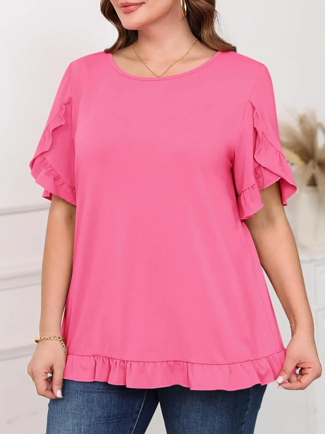 Yousify Womens Plus Size Tops Summer Petal Ruffle Sleeve Flowy Shirts Casual Work Loose Fit Tunic Blouses