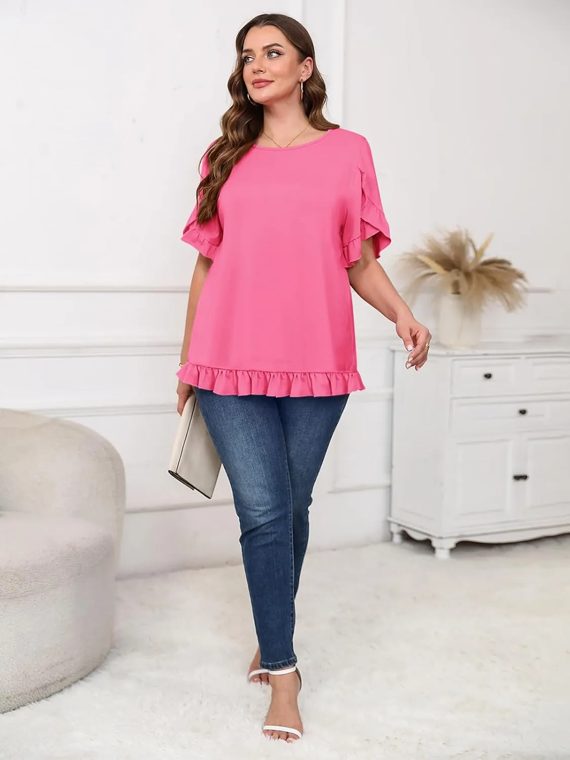 Yousify Womens Plus Size Tops Summer Petal Ruffle Sleeve Flowy Shirts Casual Work Loose Fit Tunic Blouses