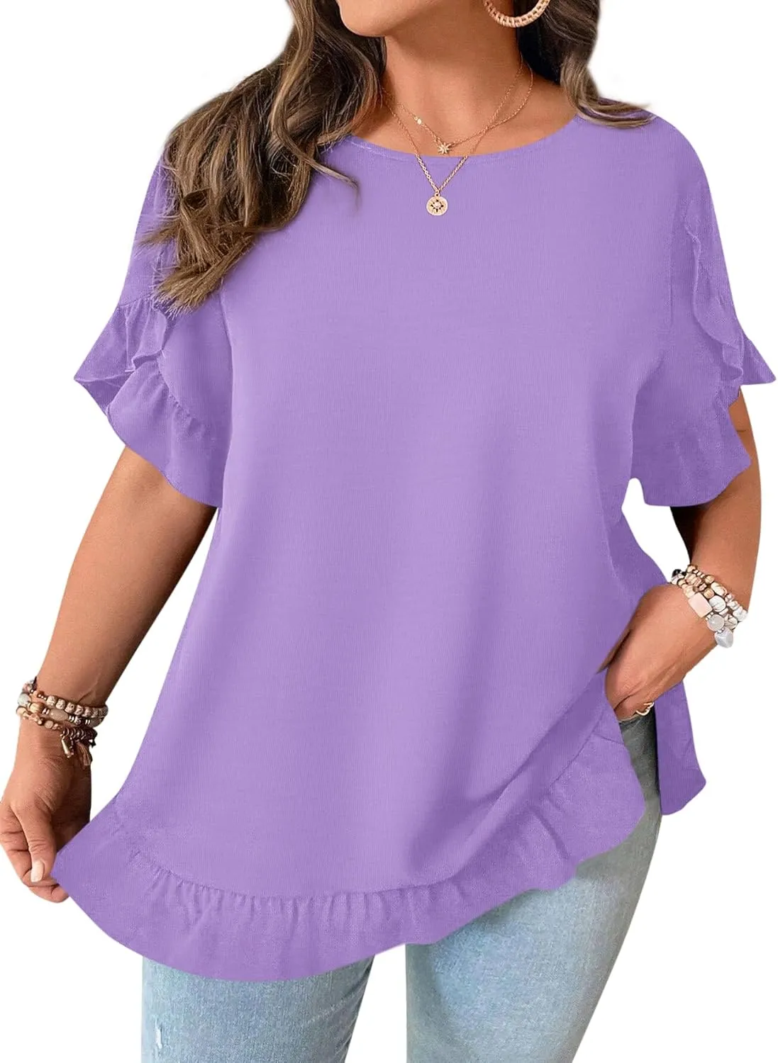 Yousify Womens Plus Size Tops Summer Petal Ruffle Sleeve Flowy Shirts Casual Work Loose Fit Tunic Blouses