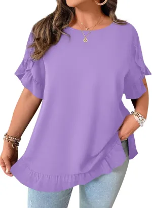 Yousify Womens Plus Size Tops Summer Petal Ruffle Sleeve Flowy Shirts Casual Work Loose Fit Tunic Blouses