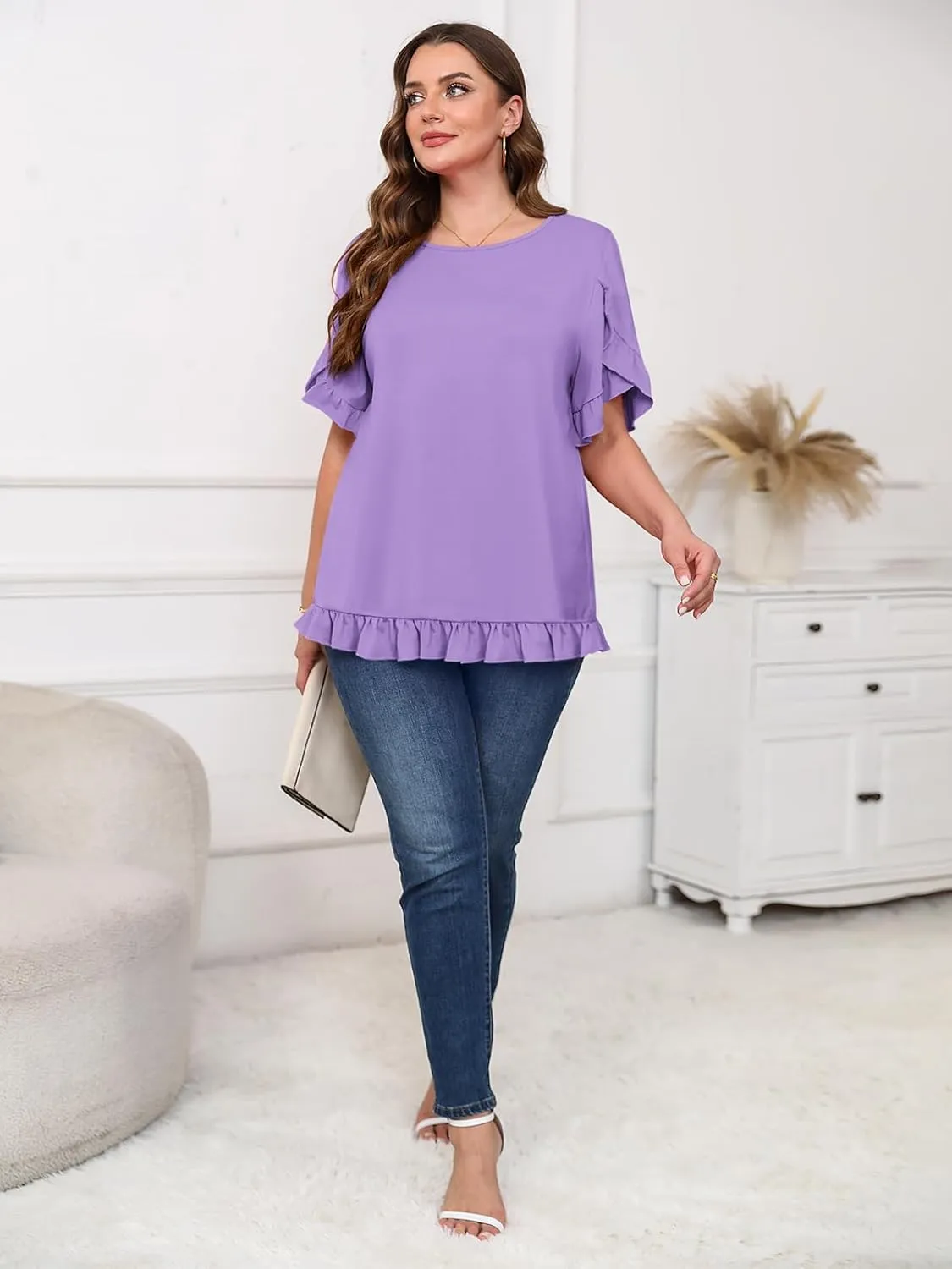 Yousify Womens Plus Size Tops Summer Petal Ruffle Sleeve Flowy Shirts Casual Work Loose Fit Tunic Blouses