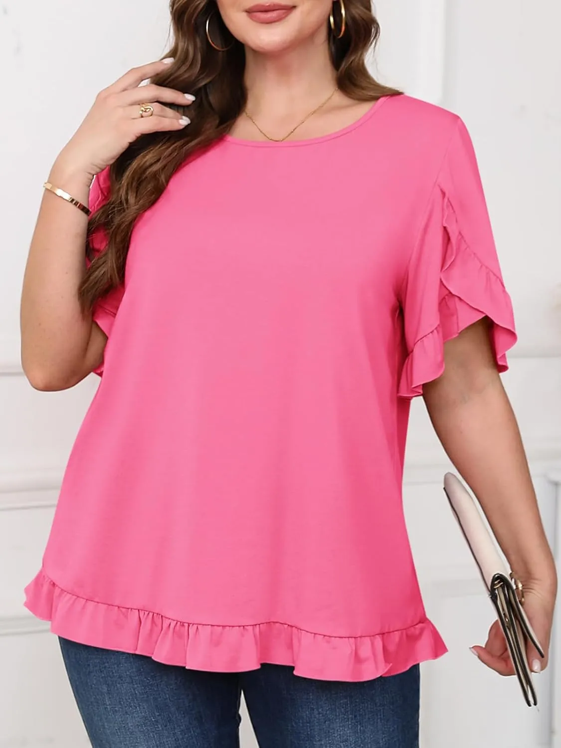 Yousify Womens Plus Size Tops Summer Petal Ruffle Sleeve Flowy Shirts Casual Work Loose Fit Tunic Blouses