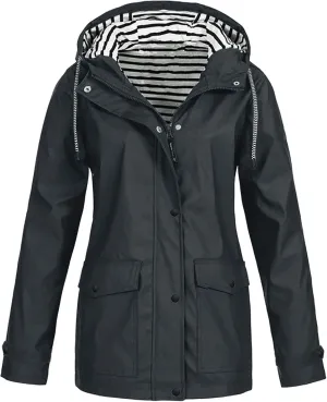 YRAETENM Rain Jacket Women Active Outdoor Waterproof Hooded Trench Coats Striped Lined Lightweight Raincoat Windbreaker
