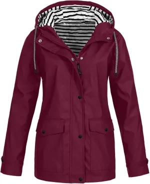 YRAETENM Rain Jacket Women Active Outdoor Waterproof Hooded Trench Coats Striped Lined Lightweight Raincoat Windbreaker