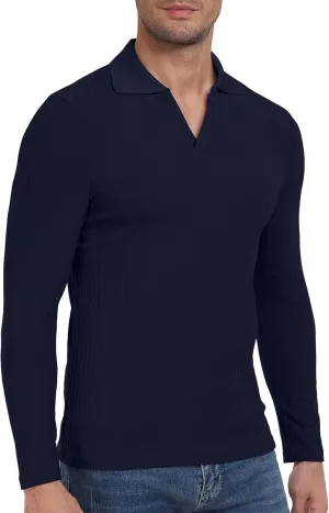 YTD Men's Muscle V Neck Polo Shirts Slim Fit Long Sleeve Golf T-Shirts Ribbed Knit Soft Casual Tees
