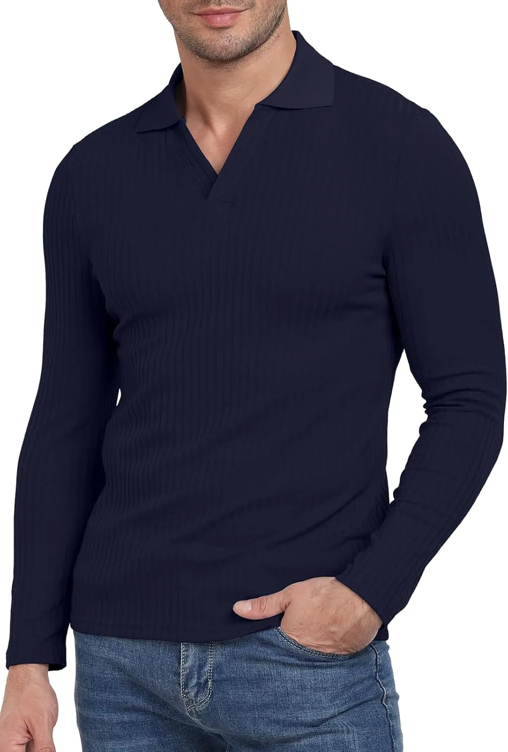 YTD Men's Muscle V Neck Polo Shirts Slim Fit Long Sleeve Golf T-Shirts Ribbed Knit Soft Casual Tees