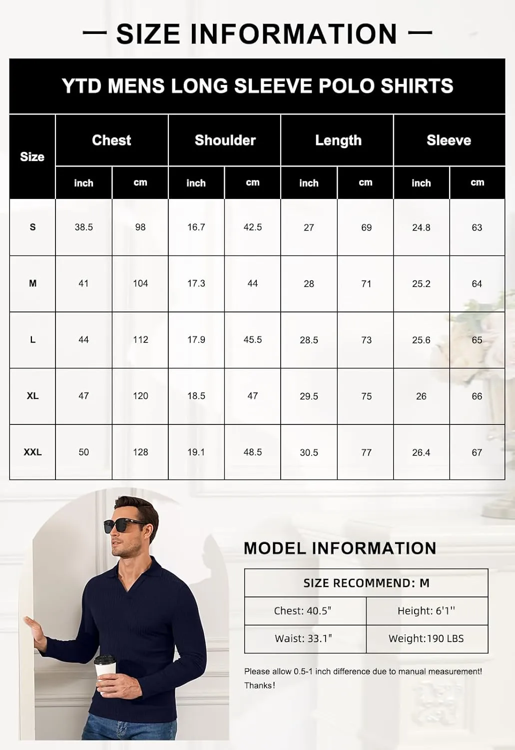 YTD Men's Muscle V Neck Polo Shirts Slim Fit Long Sleeve Golf T-Shirts Ribbed Knit Soft Casual Tees