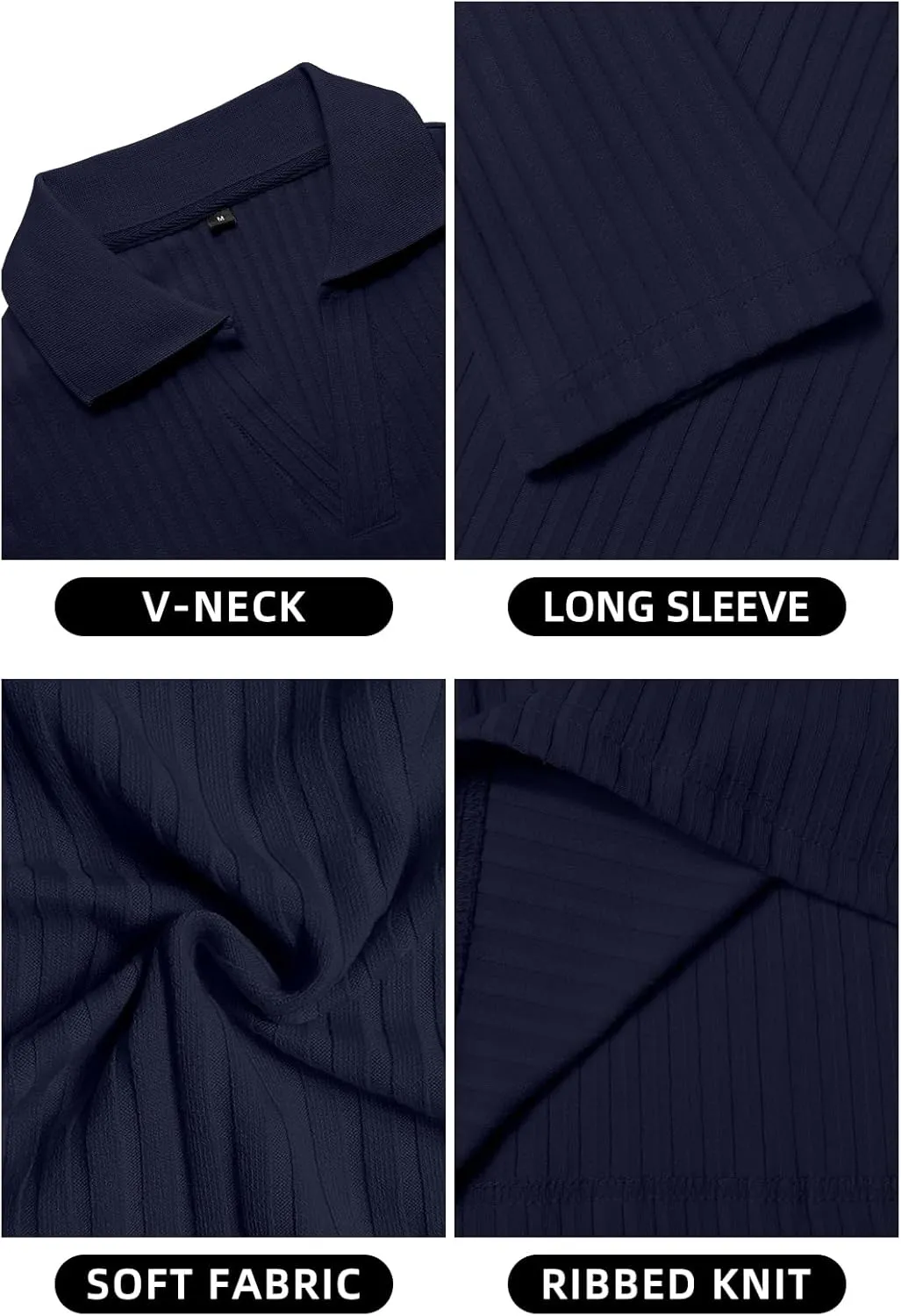 YTD Men's Muscle V Neck Polo Shirts Slim Fit Long Sleeve Golf T-Shirts Ribbed Knit Soft Casual Tees
