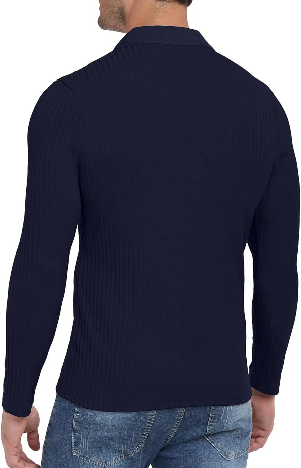 YTD Men's Muscle V Neck Polo Shirts Slim Fit Long Sleeve Golf T-Shirts Ribbed Knit Soft Casual Tees