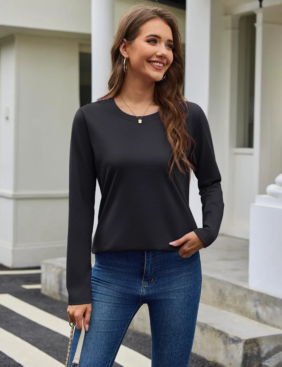 YUCOLEN Women's Cotton Long Sleeve Shirts Crewneck Cotton Basic T-Shirt Solid Color Soft Comfy Casual Tops Tees for Women