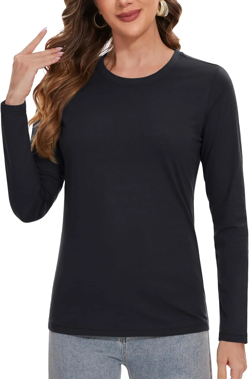 YUCOLEN Women's Cotton Long Sleeve Shirts Crewneck Cotton Basic T-Shirt Solid Color Soft Comfy Casual Tops Tees for Women