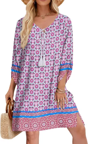 Zeagoo Womens Boho Dresses Casual Beach Summer Dress Tassel Tie Neck 3/4 Long Sleeve Mini Sundress 2025 Floral Print Cover Up