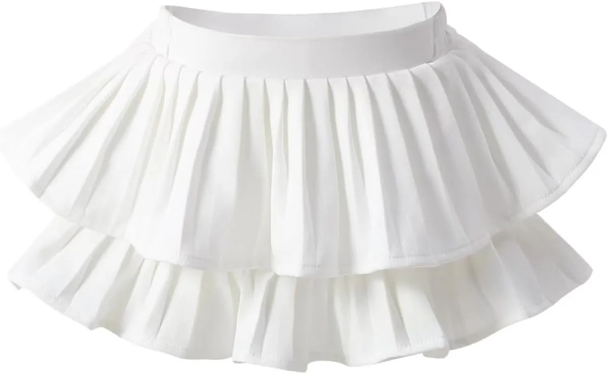 Zerf Girls White Black Mini Pleated Skirt Skort for Toddler Girls Summer Pink Ruffle Tutu Skirt with Shorts Underneath, 8-9 Years