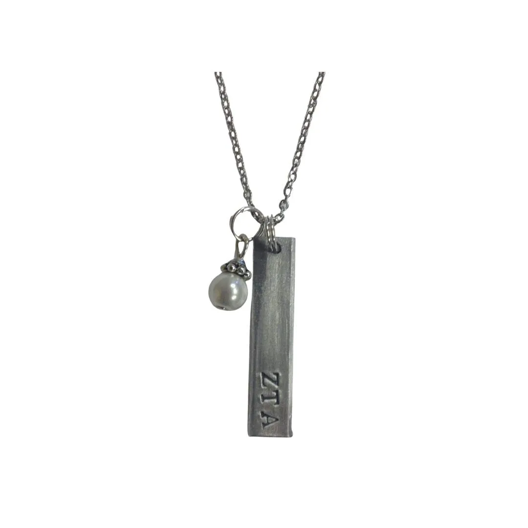 Zeta Tau Alpha Bar Pendant with glass pearl dangle, Sorority Greek Necklaces, comes on an 18 inch stainless steel link necklace with lobster claw