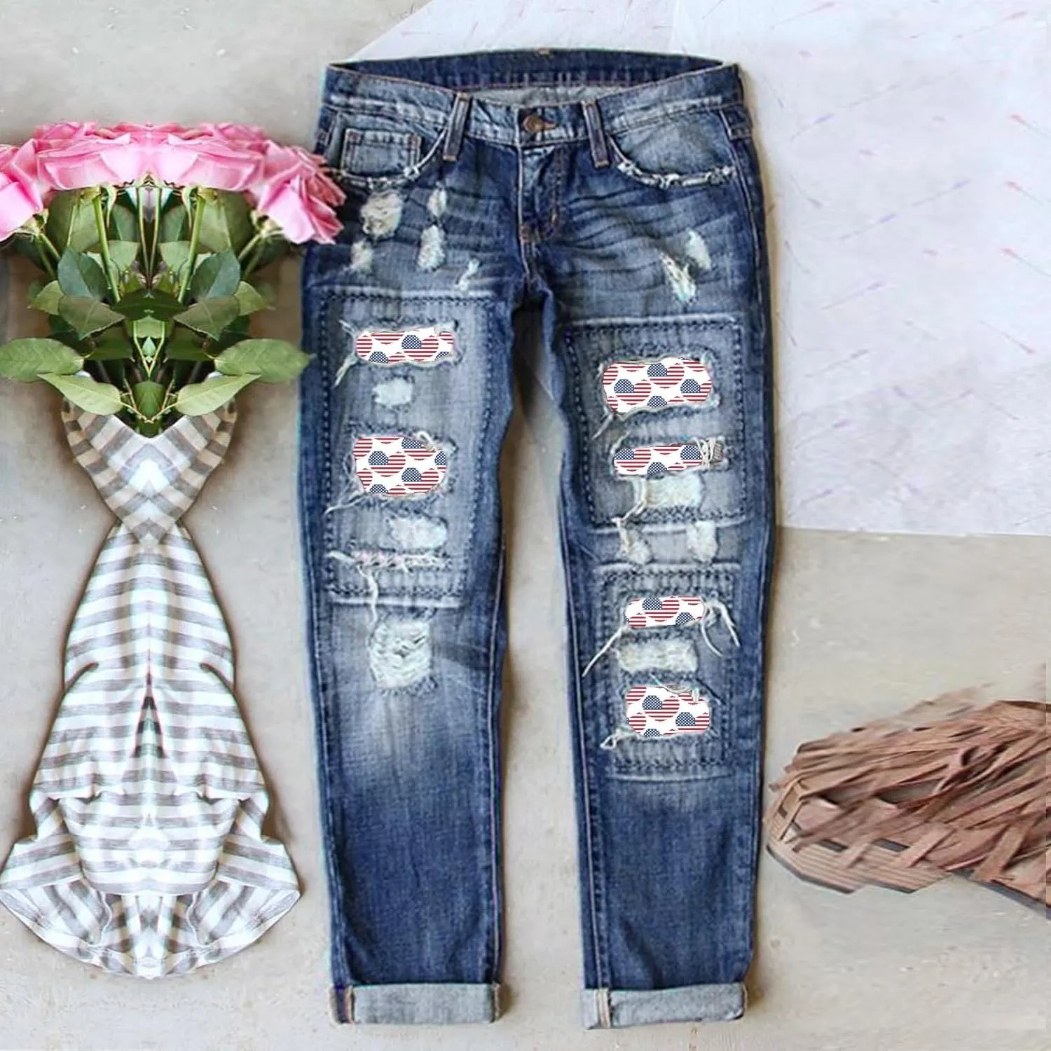 ZOCAVIA Womens Ripped Denim Pants Plus Size Casual Stretch Skinny High Waist Washed Jeans Patched Patchwork Denim Jeans
