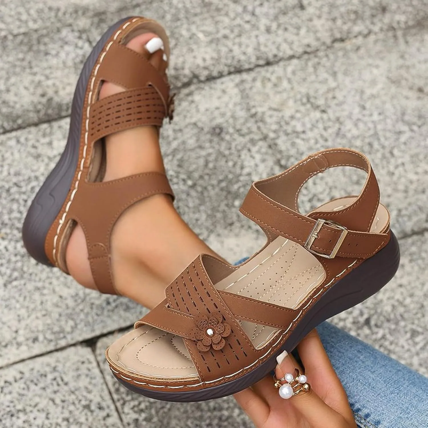 ZSpzx Wedge Sandals For Women Arch Support Walking Shoes Dress Flowers Bohe Ankle Sandal Orthopedic Comfortable Platform Summer Dressy Casual Bunion Orthotic Open Toe Beach Slip On Slides Slippers