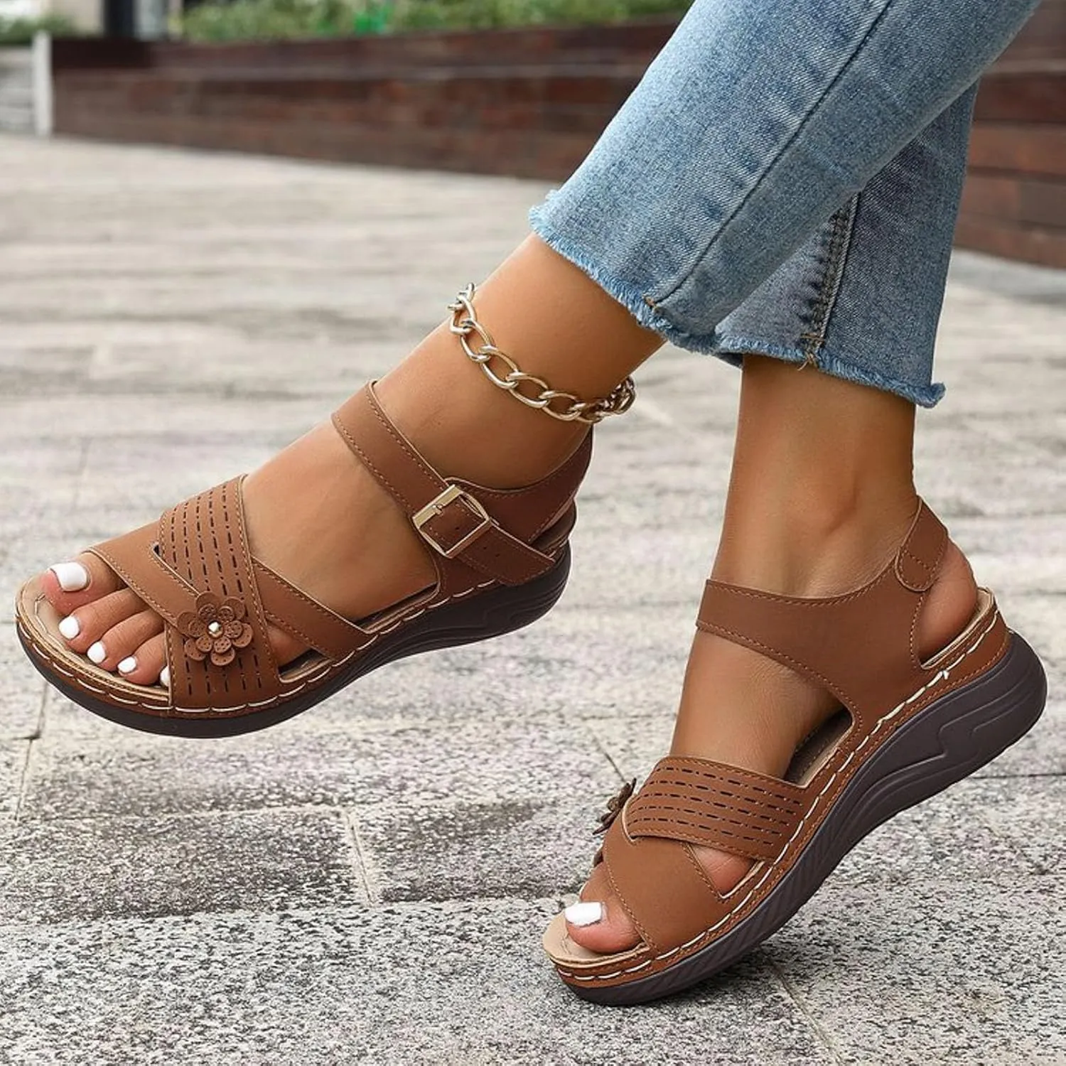 ZSpzx Wedge Sandals For Women Arch Support Walking Shoes Dress Flowers Bohe Ankle Sandal Orthopedic Comfortable Platform Summer Dressy Casual Bunion Orthotic Open Toe Beach Slip On Slides Slippers