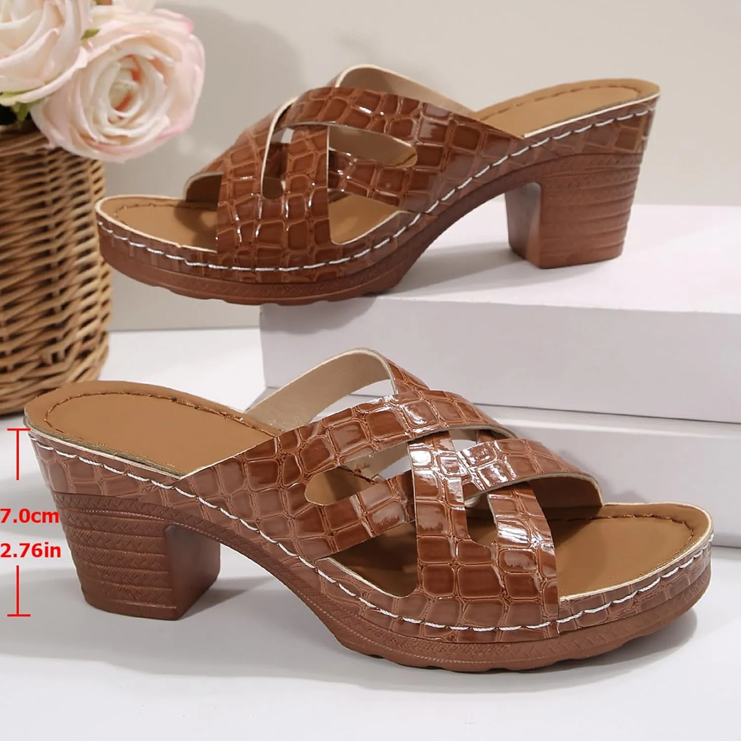 ZSpzx Women Chunky Heels Sandals 2025,Fashion Summer Peep Toe Breathable Beach Vacation Slippers Comfortable Ladies Dress Slip-On Casual Shoe Indoor/Outdoor Walking Footwear Daily Wear Soft Cushion
