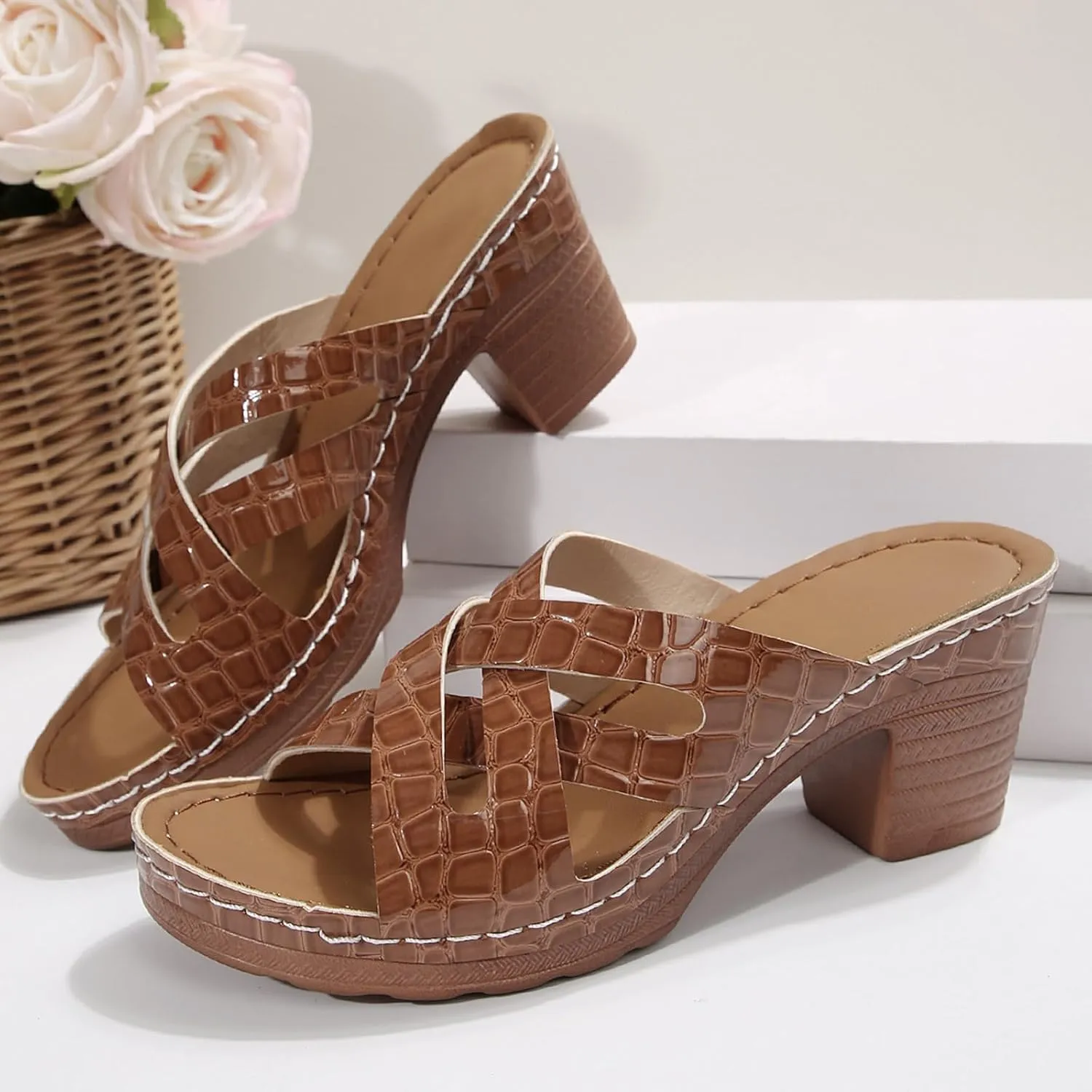ZSpzx Women Chunky Heels Sandals 2025,Fashion Summer Peep Toe Breathable Beach Vacation Slippers Comfortable Ladies Dress Slip-On Casual Shoe Indoor/Outdoor Walking Footwear Daily Wear Soft Cushion